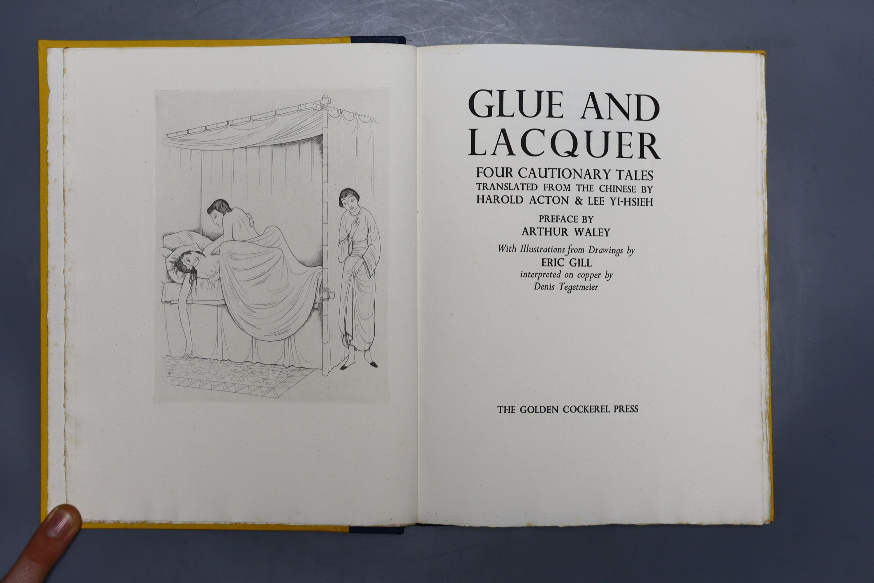 Golden Cockerel Press - Glue and Lacquer, one of 350, illustrated with 5 copper engravings of drawings Eric Gill, executed by his son-in-law-law Denis Tegetmeier, 4to, original yellow boards with blue morocco spine, Walt